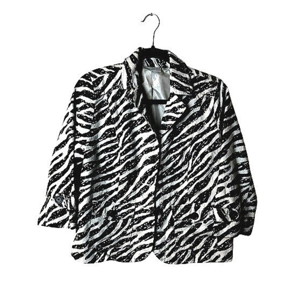 Women's Petite Medium Linen Blend Animal Print Blazer Jacket Zebra Artsy